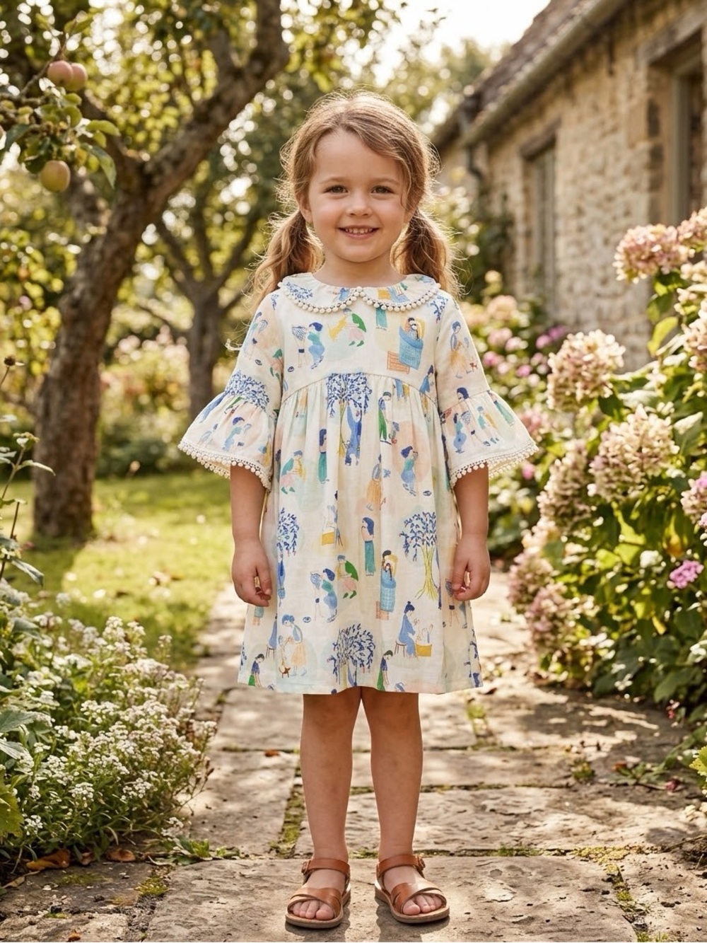 Fábula - Kids Floral Storyprint Cotton Dress in Cream and Blue